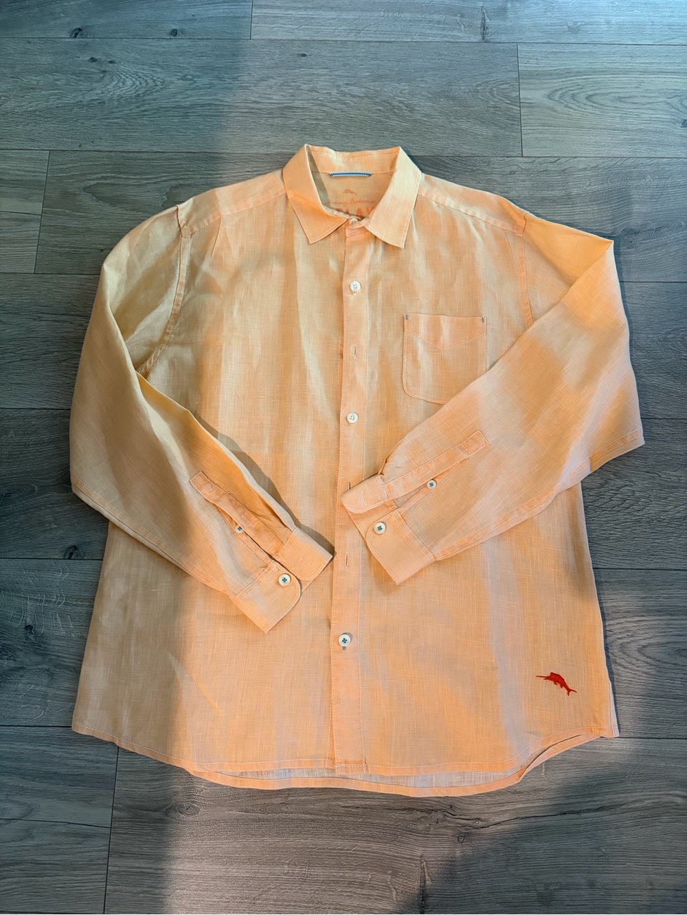Tommy Bahama Shirt Mens Large 100% Linen Long Sleeve Peach Orange Beach Vacation